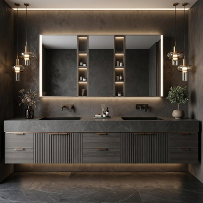 60''-96'' Double Bathroom Vanity with Sink Modern Floating Charcoal Gray Stone Slatted Front