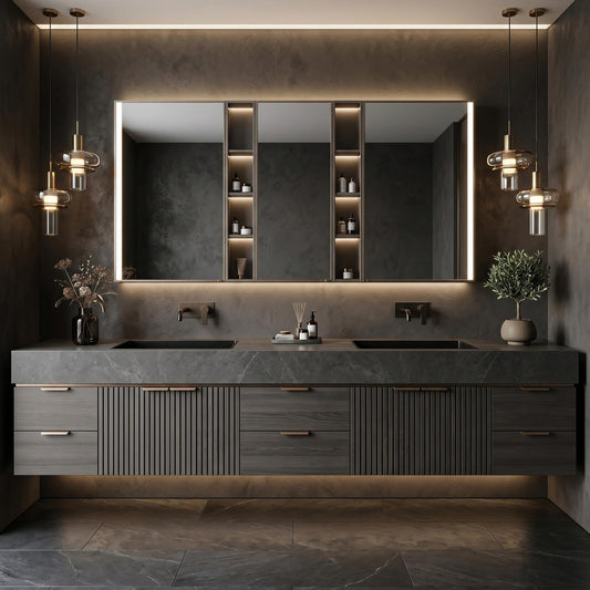 60''-96'' Double Bathroom Vanity with Sink Modern Floating Charcoal Gray Stone Slatted Front