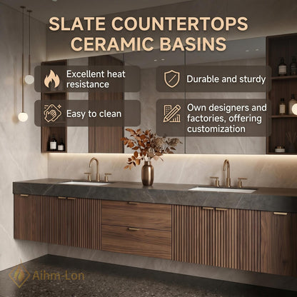 60''-96'' Double Bathroom Vanity with Sink Modern Slatted Front Panels Open Shelving