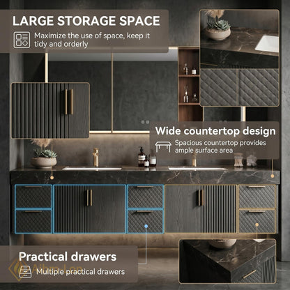 70''-96'' Double Bathroom Vanity with Sink Modern Floating Dark Stone Countertop Textured