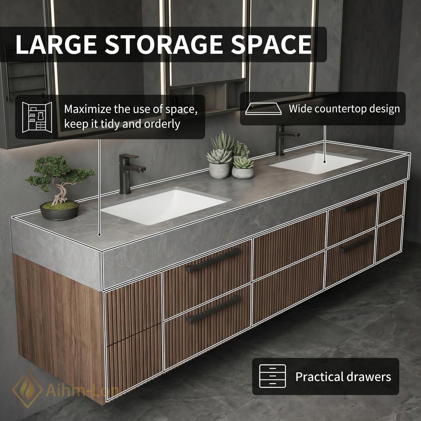 60''-96'' Double Bathroom Vanity with Sink Modern Floating Grey Stone Slatted Drawer