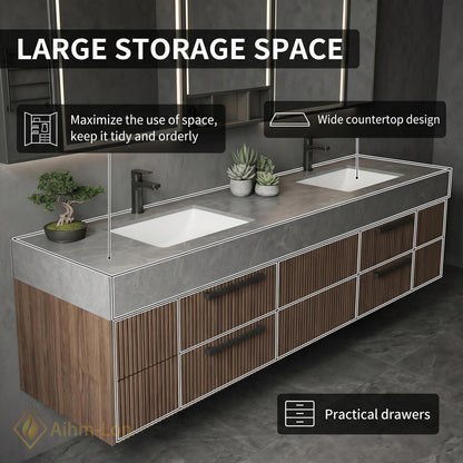 60''-96'' Double Bathroom Vanity with Sink Modern Floating Grey Stone Slatted Drawer