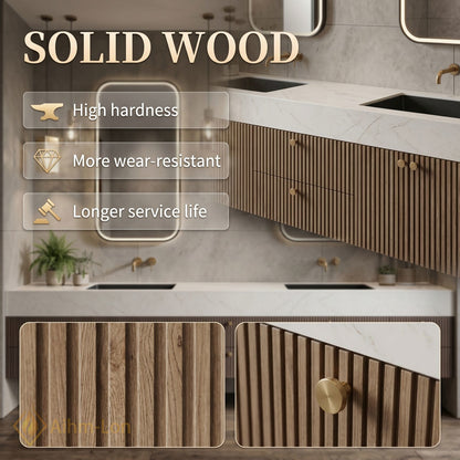 76''-96'' Double Bathroom Vanity with Sink Dark Walnut Slatted Front Basin Setup