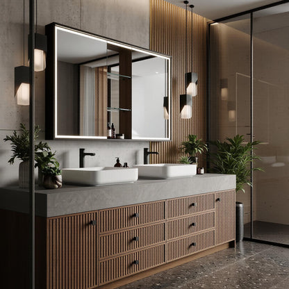70''-96'' Elegant Bathroom Vanity with Sink Double Sink Slatted Wood Mirror Cabinet