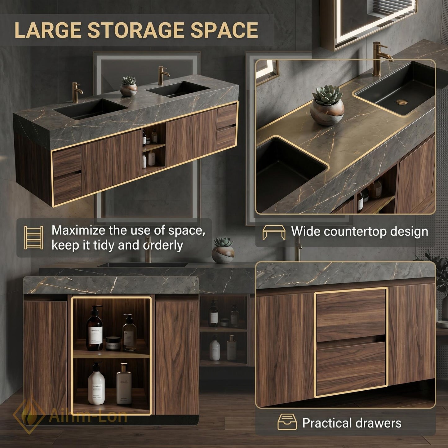 72''-96'' Double Bathroom Vanity with Sink Dark-Walnut Modern Floating Basin Open