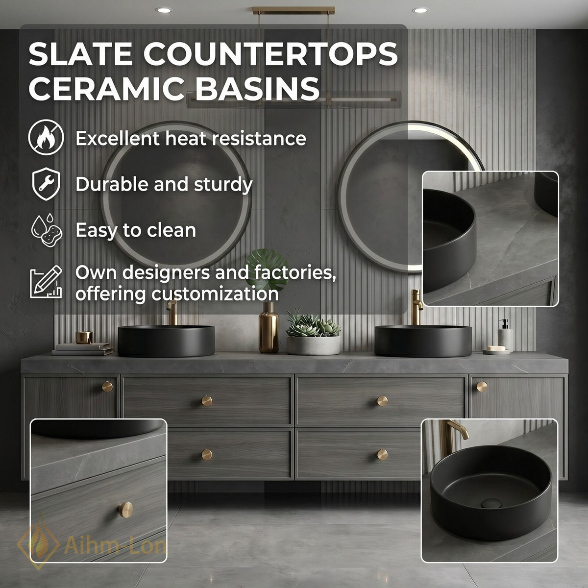 60''-96'' Double Bathroom Vanity with Sink Warm Grey Wood Grain Vertical Slats
