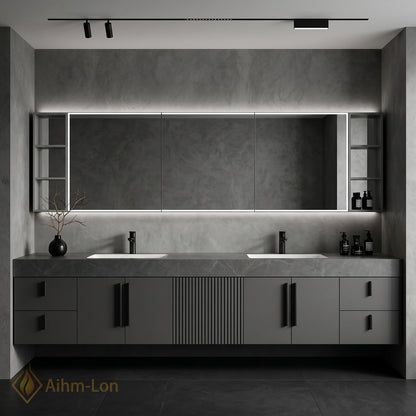 60''-96'' Double Bathroom Vanity with Sink Slatted Center Panel Matte Grey Open Storage