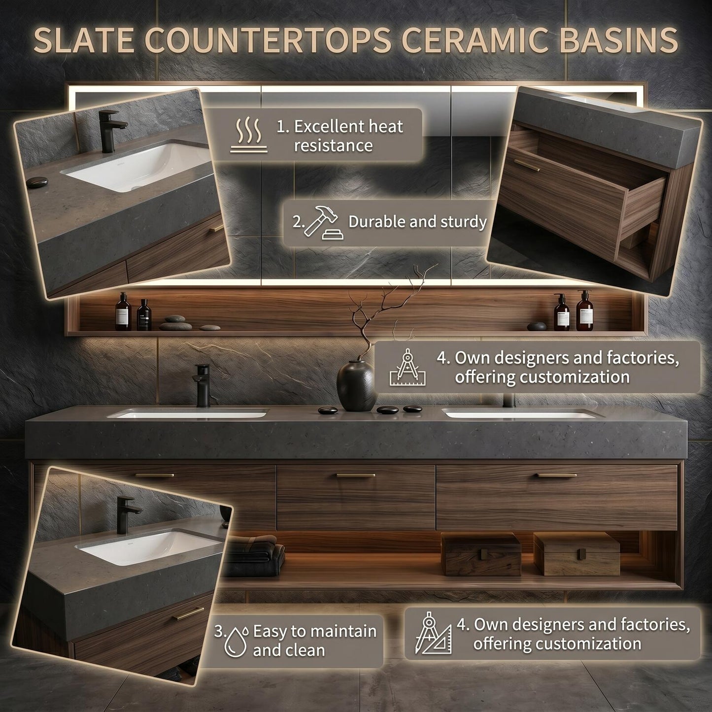 60''-96'' Modern Bathroom Vanity with Sink Double Sink Dark Walnut Open Shelf Storage Cabinet