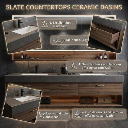 60''-96'' Modern Bathroom Vanity with Sink Double Sink Dark Walnut Open Shelf Storage Cabinet