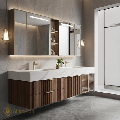 60''-96'' Double Bathroom Vanity with Sink Floating Slatted Wood Front Marble-Style Top