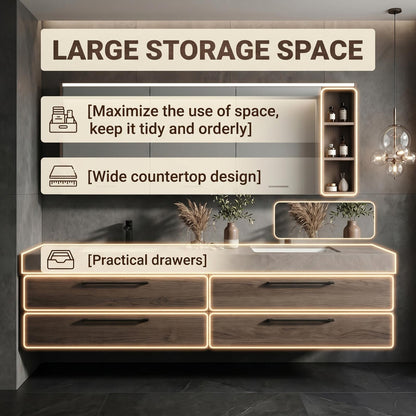 60''-96'' Double Bathroom Vanity with Sink Modern Floating Warm Oak Finish Cabinet