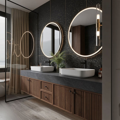 60''-96'' Modern Bathroom Vanity with Sink Dark Stone Slatted Wood Drawers Cabinet