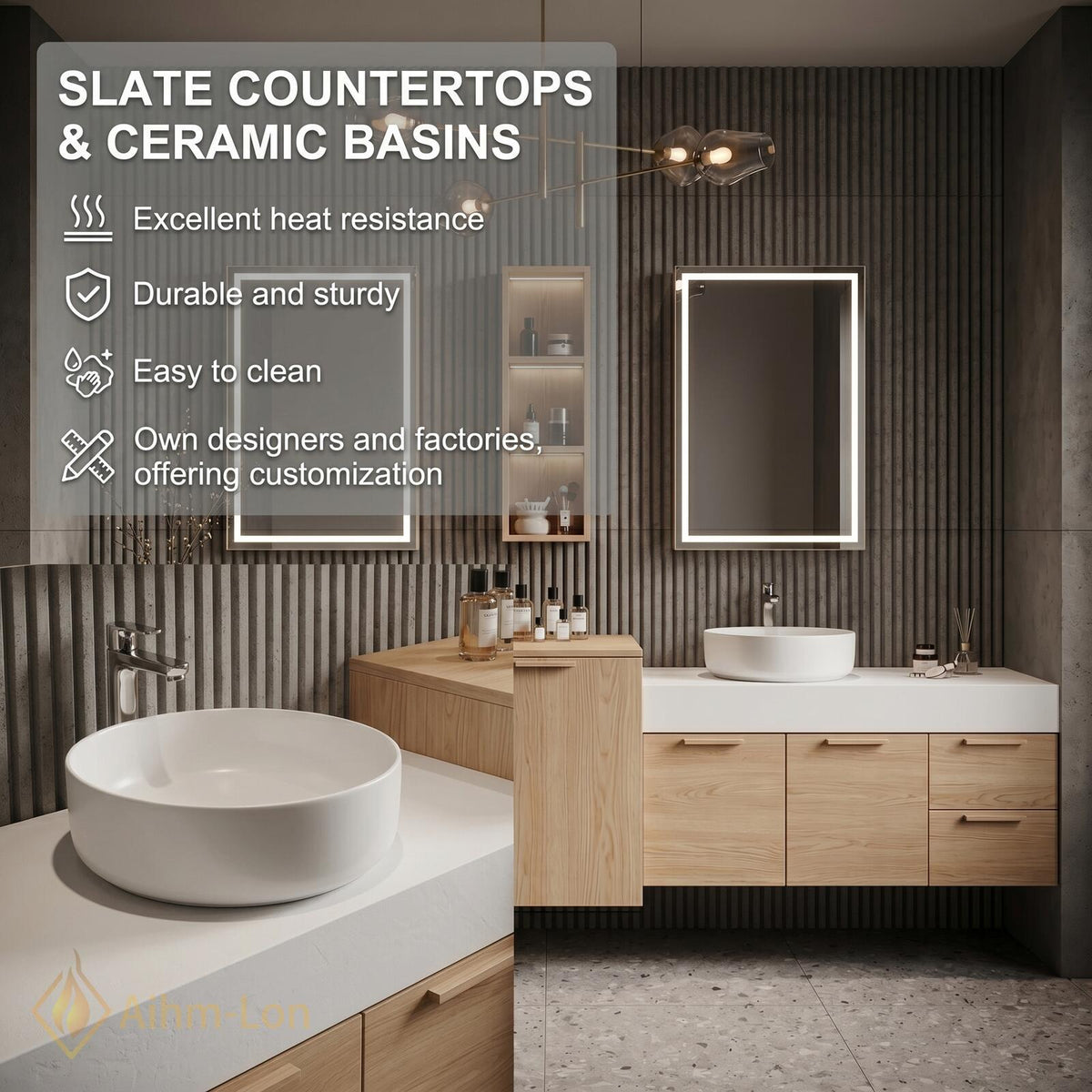 60''-96'' Double Bathroom Vanity with Sink Dark Charcoal Slatted Front Storage
