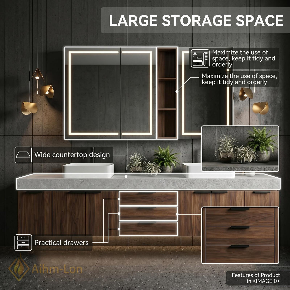 60''-96'' Double Bathroom Vanity with Sink Stone Slab Deep Drawer Charcoal Finish