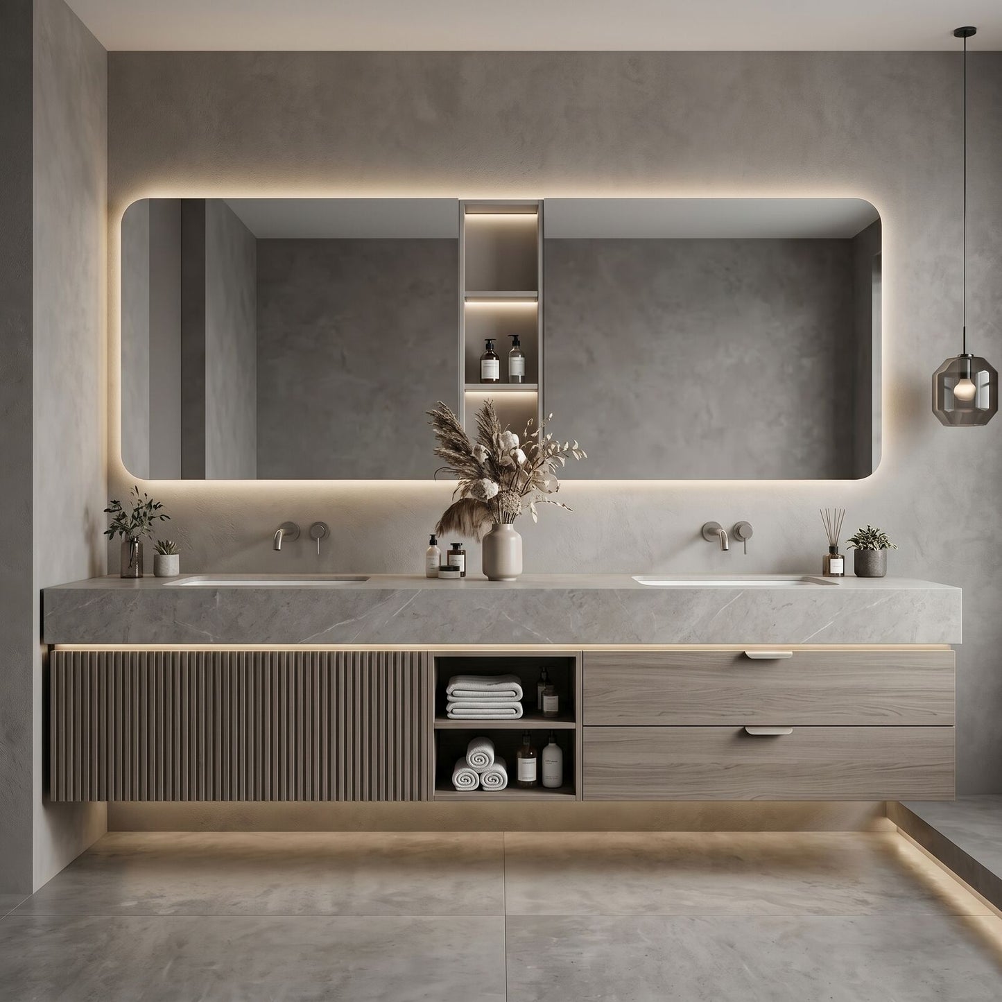 60''-96'' Modern Bathroom Vanity with Sink Textured Slatted Front Wood Grain Cabinet
