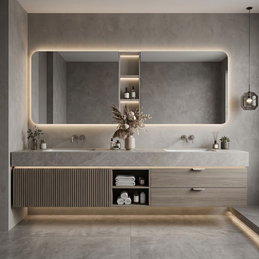 60''-96'' Modern Bathroom Vanity with Sink Textured Slatted Front Wood Grain Cabinet