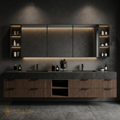 60''-96'' Bathroom Vanity with Sink Modern Floating Slatted Panels Open Center Dark