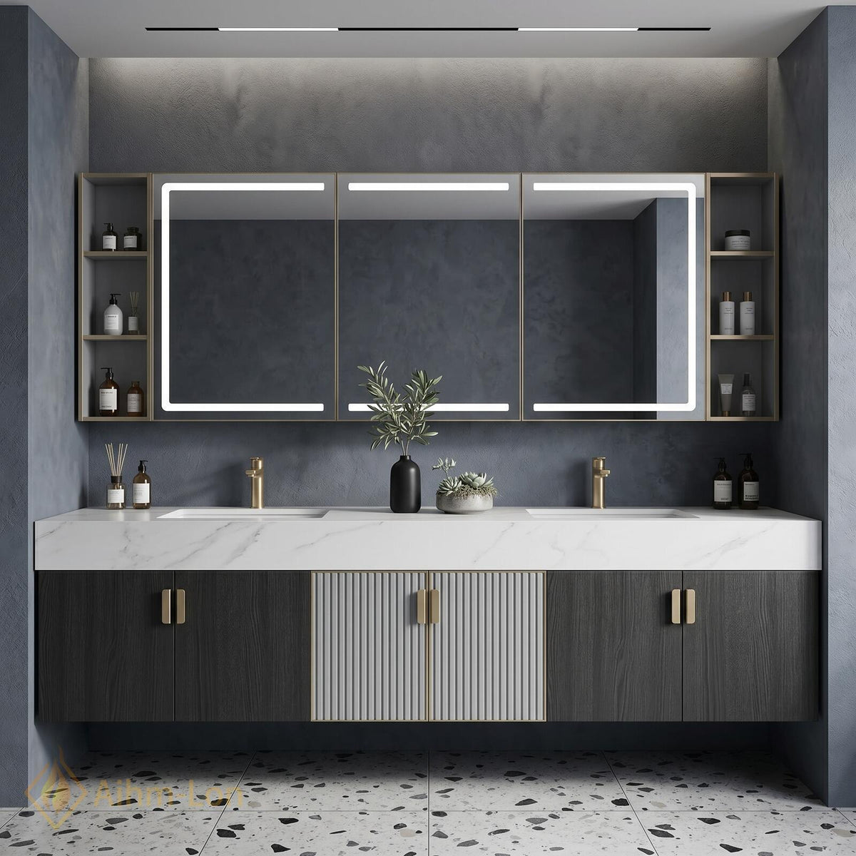 60''-96'' Double Bathroom Vanity with Sink Floating Marble-Effect Top Fluted Center Panels