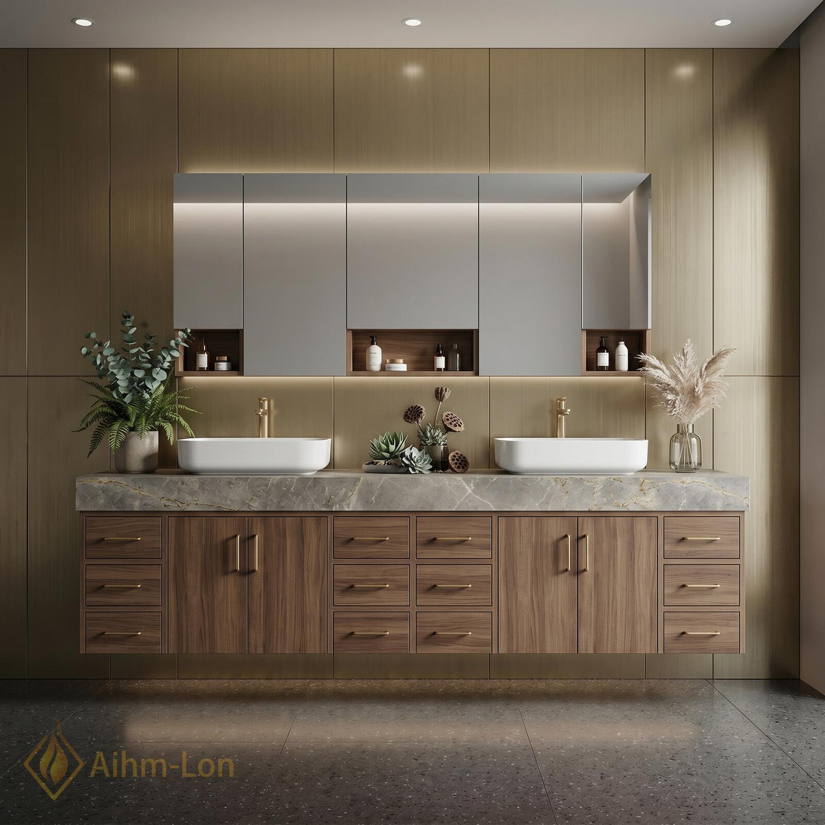 80''-96'' Double Bathroom Vanity with Sink Floating Double Grain Finish Slatted Center