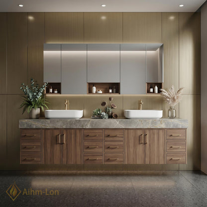 80''-96'' Double Bathroom Vanity with Sink Floating Double Grain Finish Slatted Center