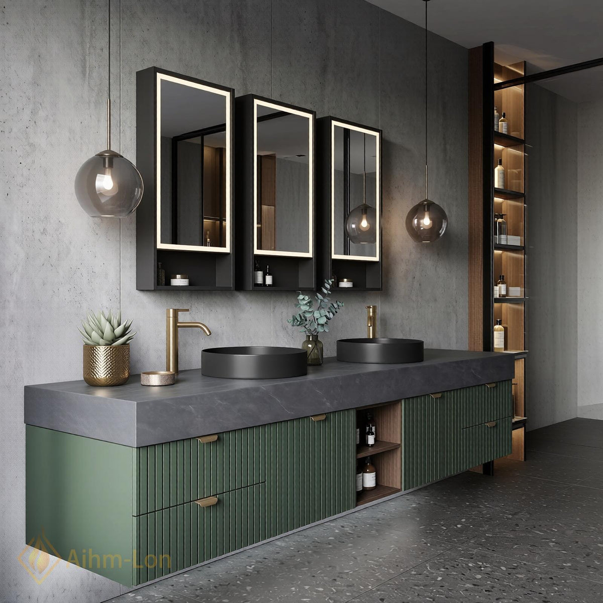 60''-96'' Double Bathroom Vanity with Sink Slatted Panel Doors Forest Green Cabinet