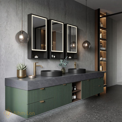 60''-96'' Double Bathroom Vanity with Sink Slatted Panel Doors Forest Green Cabinet