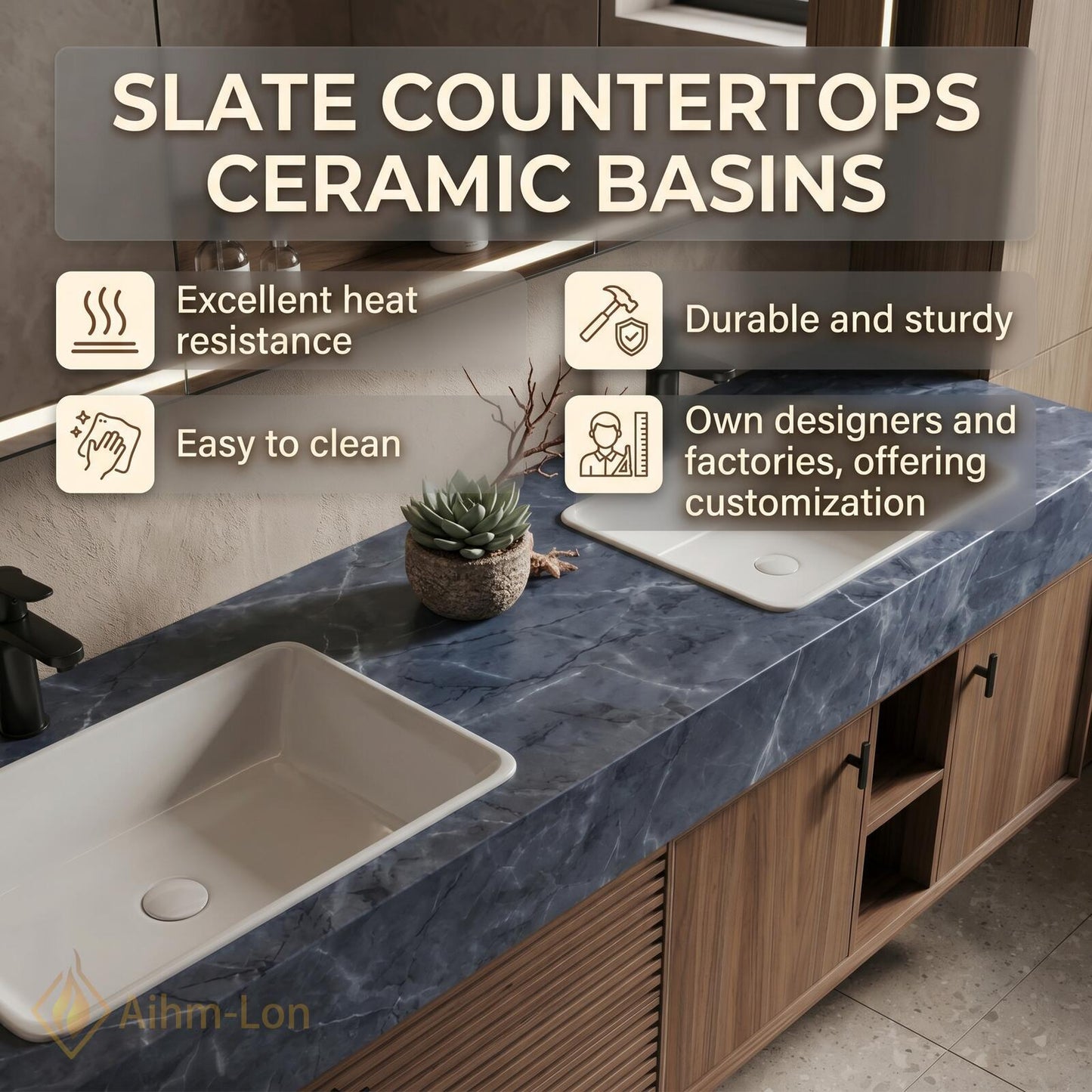 60''-96'' Modern Double Bathroom Vanity with Sink Floating Dark Blue Marble Top