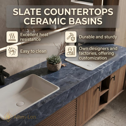 60''-96'' Modern Double Bathroom Vanity with Sink Floating Dark Blue Marble Top