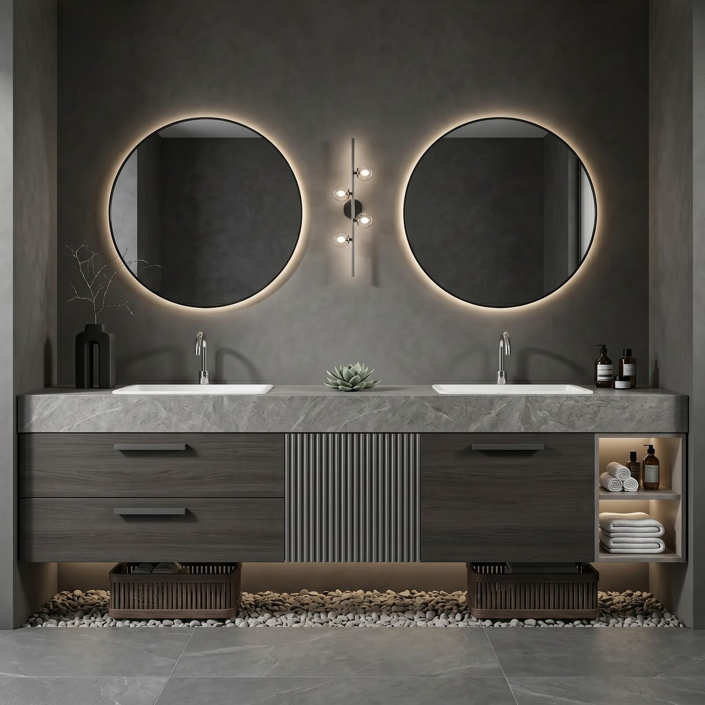 60''-96'' Double Bathroom Vanity with Sink Stone Grain Top Fluted Groove Door Shelving