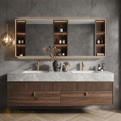 60''-96'' Double Bathroom Vanity with Sink Modern Floating Slatted Front Marble-Look Top