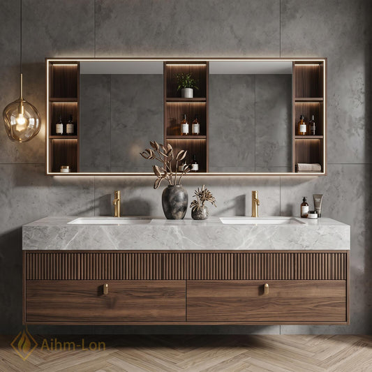 60''-96'' Double Bathroom Vanity with Sink Modern Floating Slatted Front Marble-Look Top
