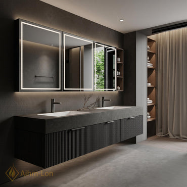 60''-96'' Double Bathroom Vanity with Sink Floating Slatted Matte Grey Stone Top