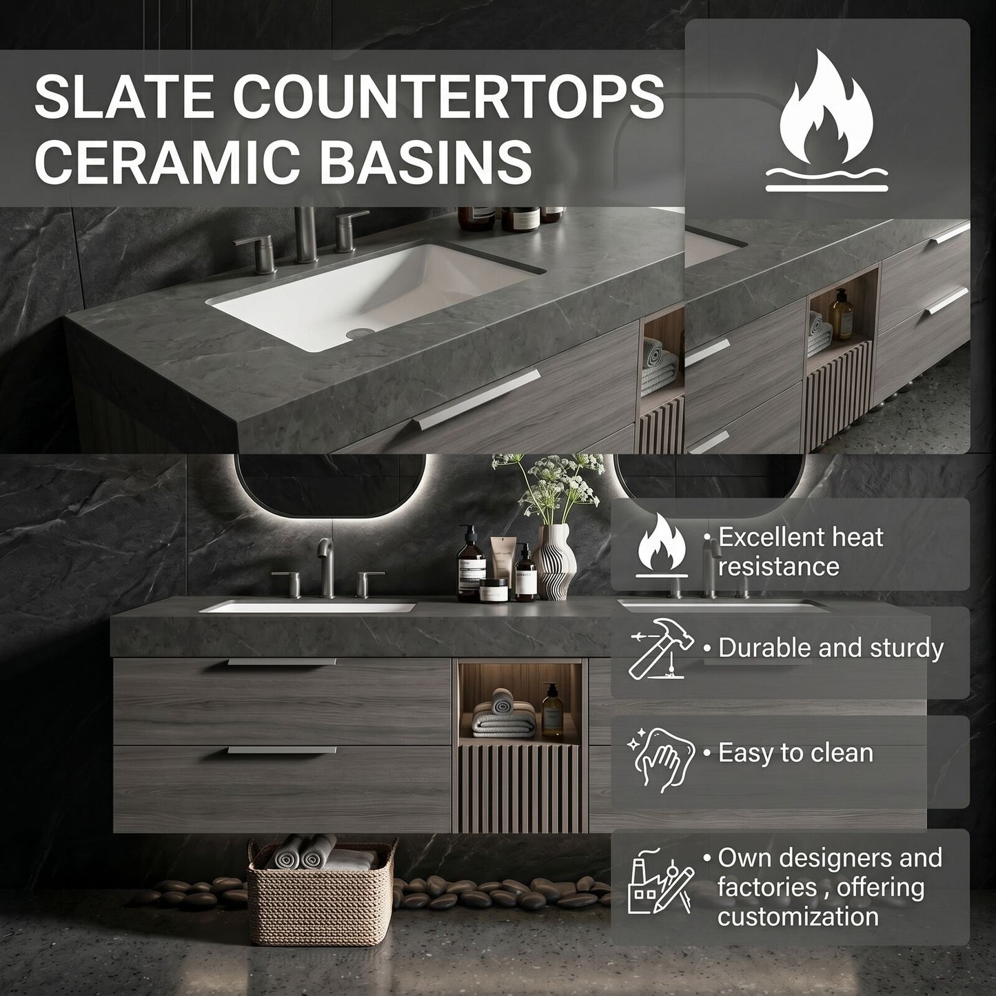 60''-96'' Sleek Bathroom Vanity with Sink Dual Sink Dark Stone Floating Wood Cabinet