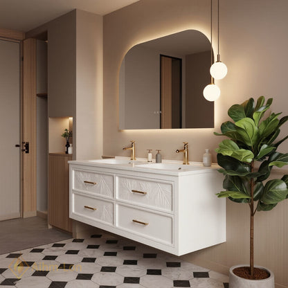 60''-96'' Modern Bathroom Vanity with Sink Floating Embossed Leaf White LED Backlit Mirror