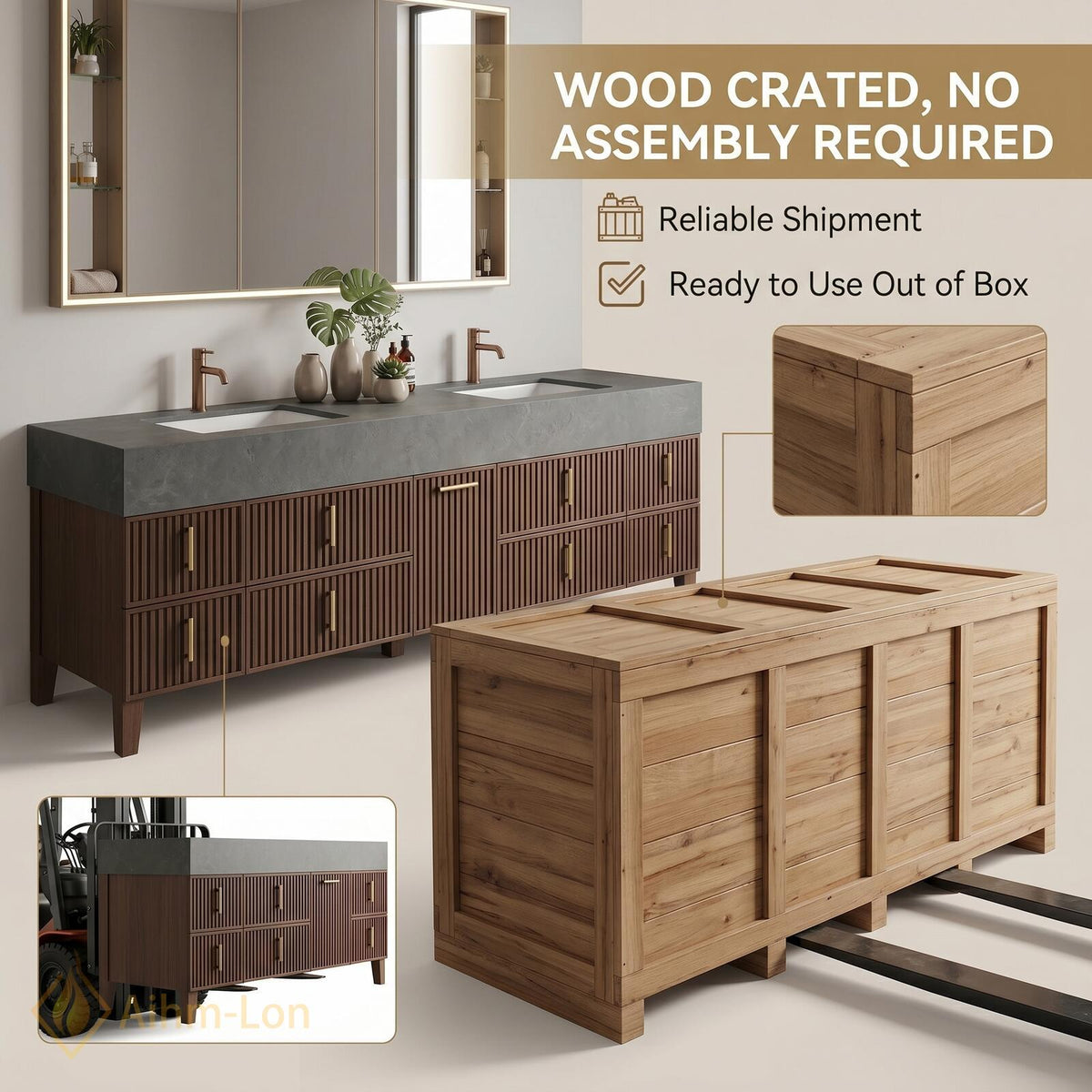 60''-96'' Double Bathroom Vanity with Sink Modern Floating Slatted Wood Panels Dark