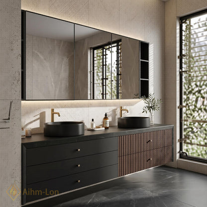 60''-96'' Modern Floating Bathroom Vanity with Sink Dual Slatted Side Panel Storage