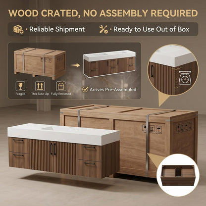60''-96'' Double Bathroom Vanity with Sink Modern Floating Dark Walnut Slatted Panel