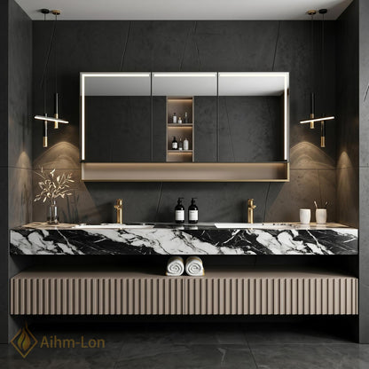 60''-96'' Double Bathroom Vanity with Sink Modern Floating Marble Top Ribbed Front