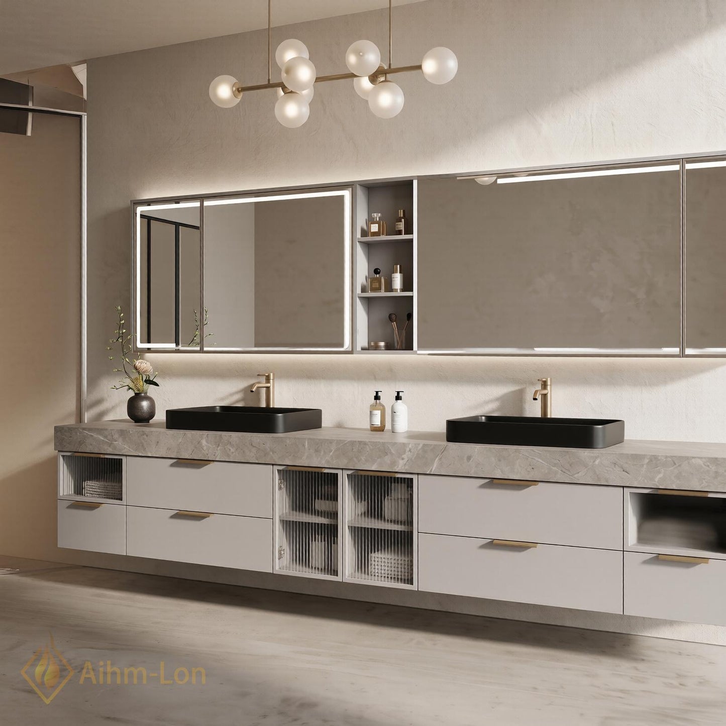 72''-96'' Double Bathroom Vanity with Sink Modern Marble-Top Fluted Glass Doors