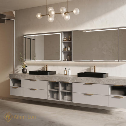 72''-96'' Double Bathroom Vanity with Sink Modern Marble-Top Fluted Glass Doors