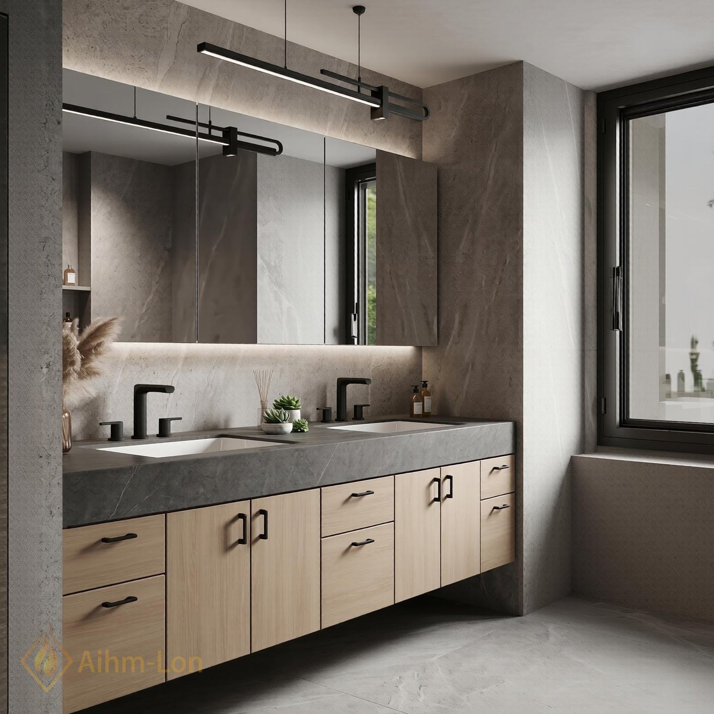 70''-96'' Double Bathroom Vanity with Sink Elegant Floating Charcoal Quartz Top Grain