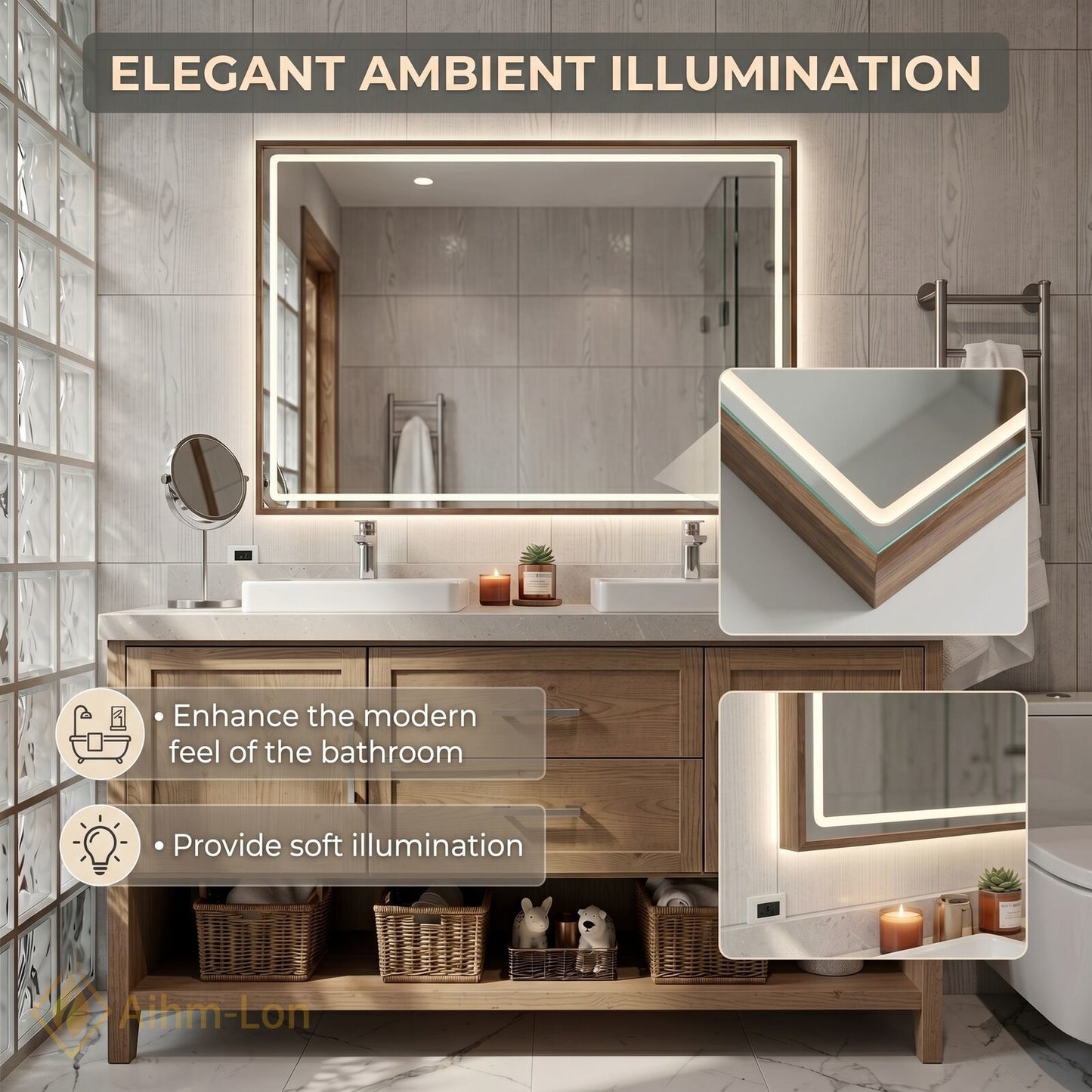 60''-96'' Modern Bathroom Vanity with Sink Farmhouse Wood Grain Wide Baskets