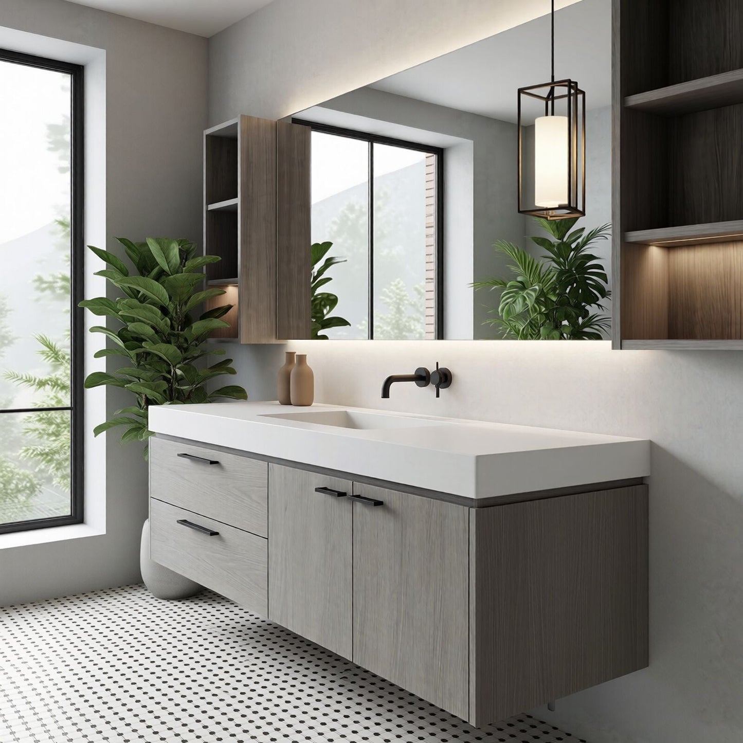 36''-64'' Modern Bathroom Vanity with Sink Single Grey Wood Grains Floating Mirror Cabinet