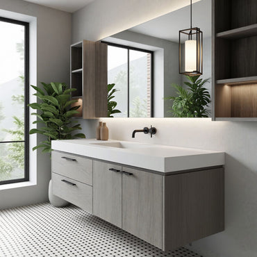 36''-64'' Modern Bathroom Vanity with Sink Single Grey Wood Grains Floating Mirror Cabinet