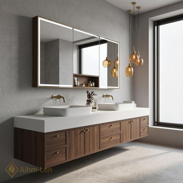 76''-96'' Modern Double Bathroom Vanity with Sink Dark Walnut Slatted Panel Finish