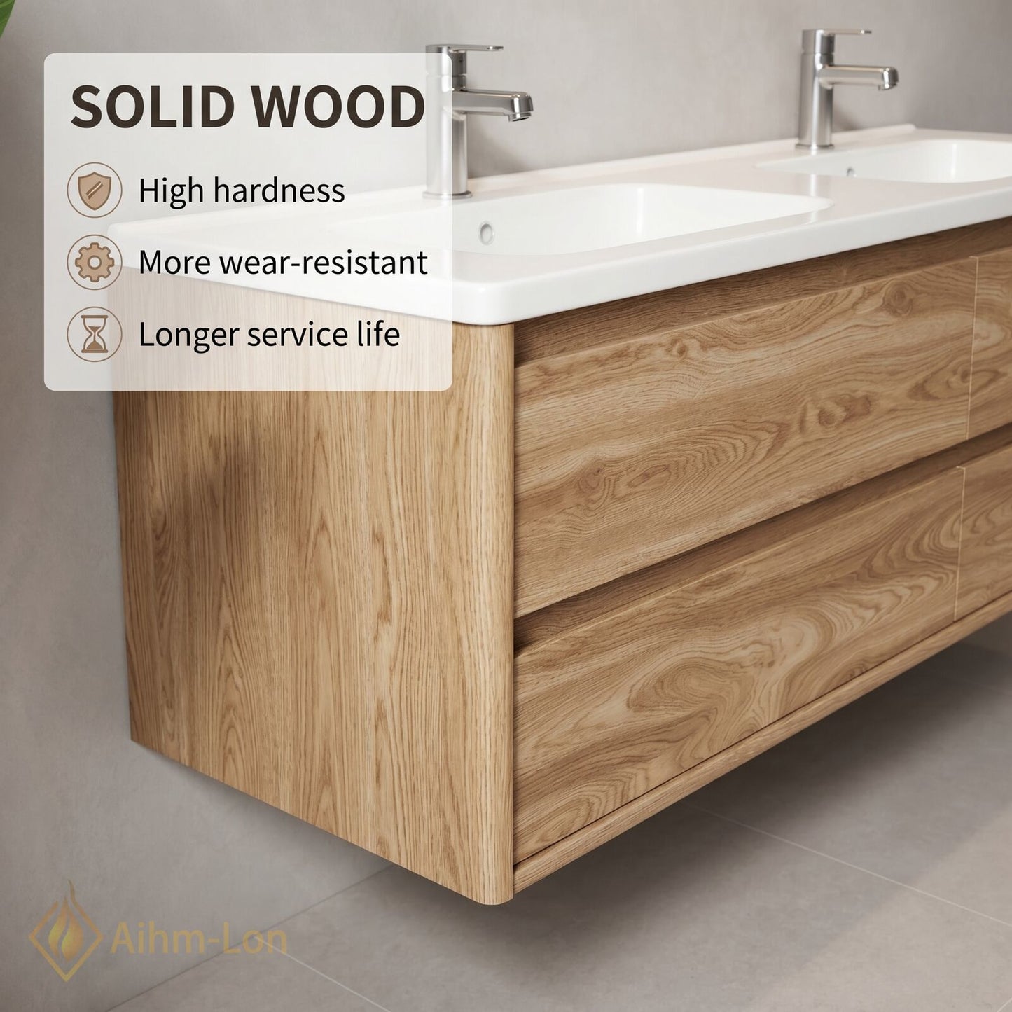 60''-96'' Modern Bathroom Vanity with Sink Floating Light Wood Undermount Deep Drawers