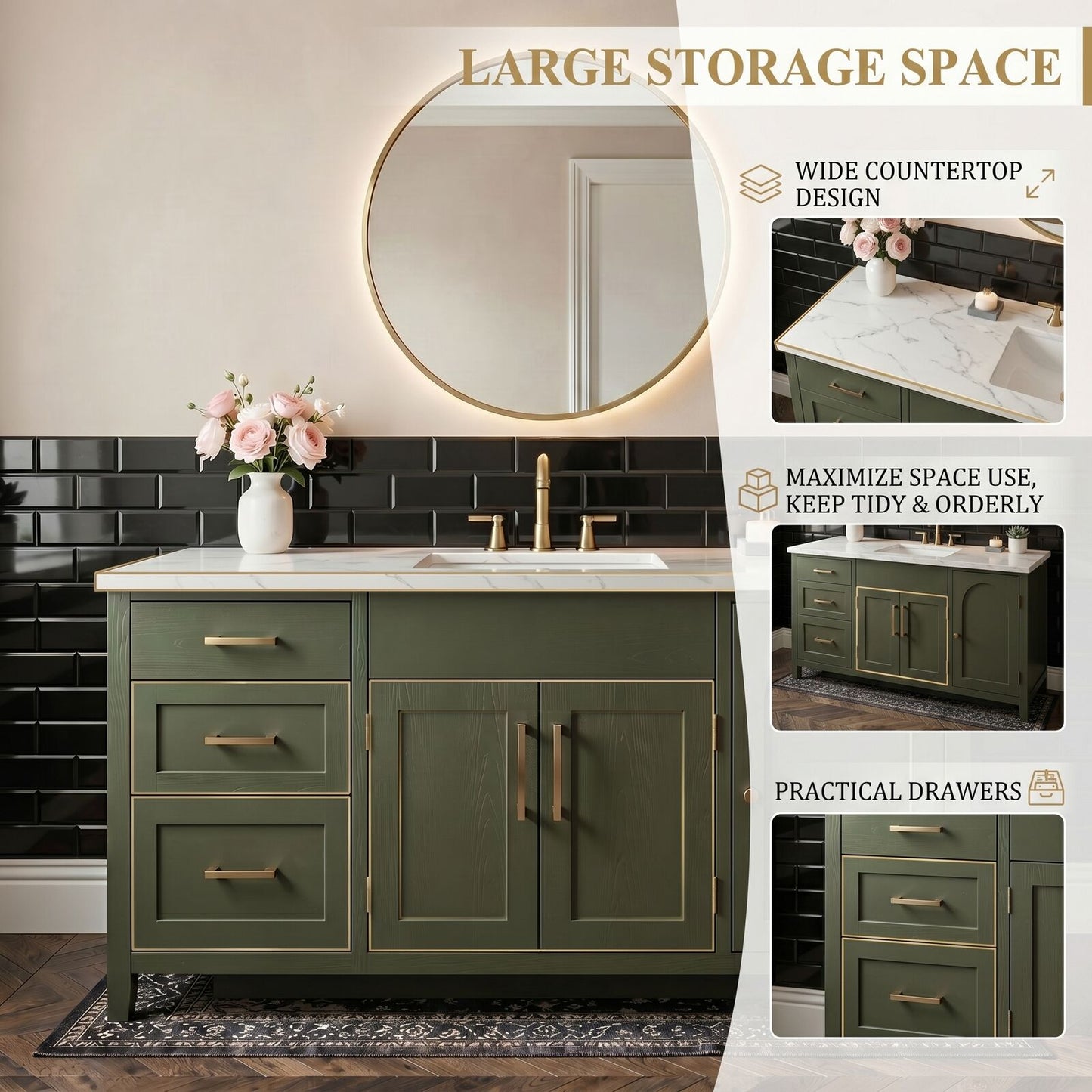 52''-64'' Modern Bathroom Vanity with Sink Single Olive Green Solid Wood Drawers Cabinet