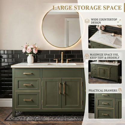 52''-64'' Modern Bathroom Vanity with Sink Single Olive Green Solid Wood Drawers Cabinet
