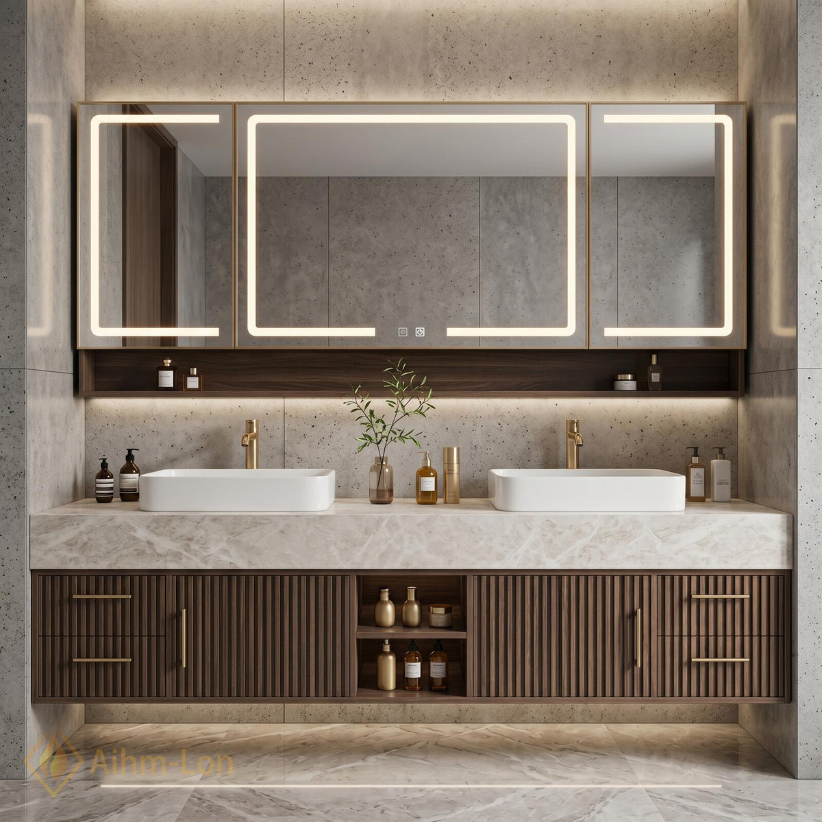 60''-96'' Double Bathroom Vanity with Sink Dark Walnut Slatted Center Panel Drawers