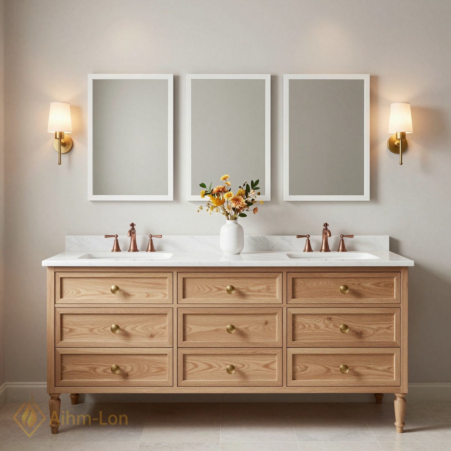 72''-96'' Classic Bathroom Vanity with Sink Oak Nine Drawers Tapered Leg Cabinet